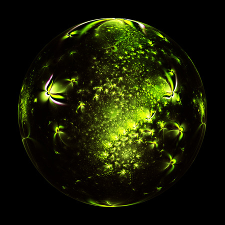 Abstract ornamented sphere with delicate flowers on black background. Fantasy fractal design in green and yellow colors. Psychedelic digital art. 3D rendering.の写真素材