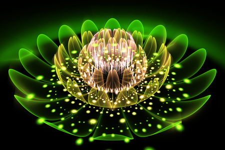 Abstract exotic flower with glowing sparkles on black background. Fantasy fractal design in green, yellow and beige colors. Psychedelic digital art. 3D rendering.の写真素材