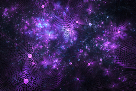 Abstract exotic blue and purple flowers with textured petals on black background. Fantasy fractal design. Psychedelic digital art. 3D rendering.の写真素材