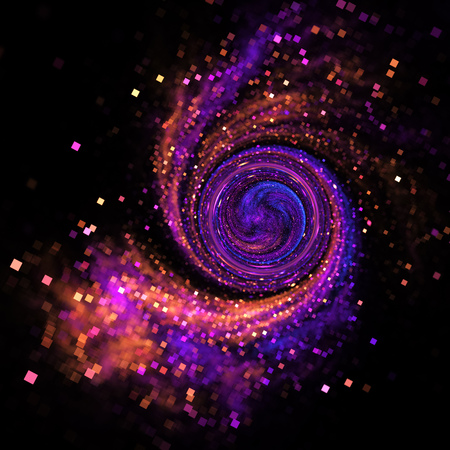 Sparkling swirl. Abstract blue, purple and orange square bokeh on black background. Fantasy fractal texture. Digital art. 3D rendering.の写真素材