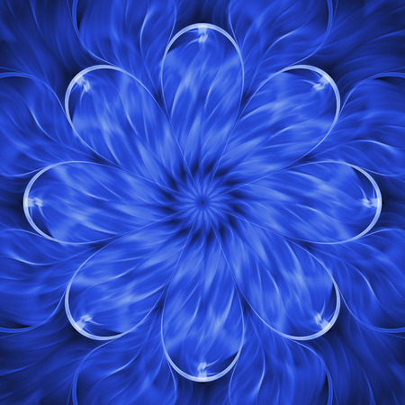 Abstract exotic flower. Psychedelic mandala design in deep blue colors. Fantasy fractal art. 3D rendering.の写真素材