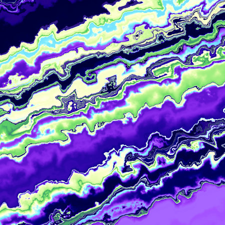Abstract colorful chaotic zigzag pattern. Fantasy blue, purple, yellow, green and black waves. Digital fractal art. 3D rendering.の写真素材