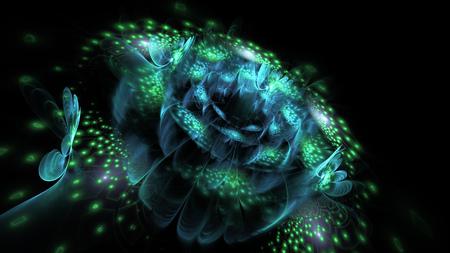 Abstract exotic flower with sparkling drops. Fantasy blue and green fractal composition. Psychedelic digital art. 3D rendering.の写真素材