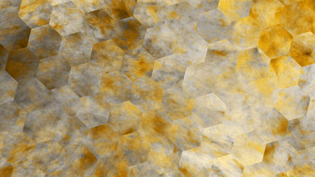 Abstract grey and yellow hexagonal texture. Geometric fractal background. Fantasy digital art. 3D...