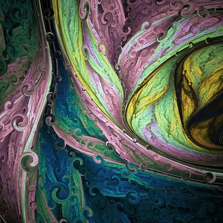 Abstract exotic tropical pink and green leaves. Fantasy organic background. Digital fractal art. 3d rendering.の写真素材