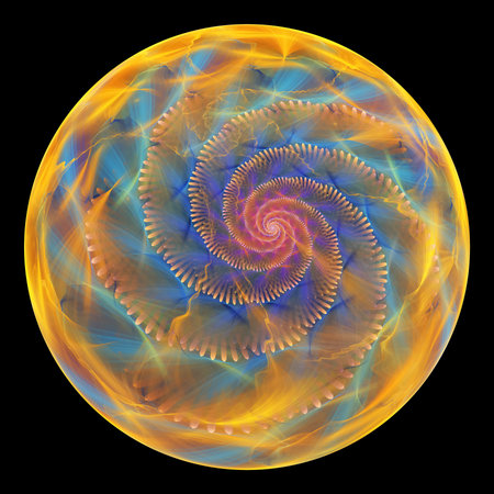 Beautiful exotic flower in crystal sphere. Fantasy golden and blue fractal design. Psychedelic...