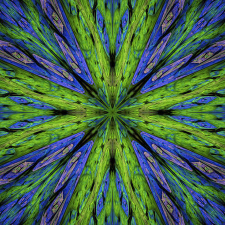 Abstract intricate symmetrical green and blue ornament. Fantastic fractal mandala. Psychedelic digital art. 3d rendering.の写真素材
