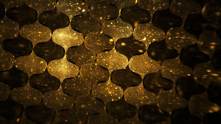 Abstract geometric background with blurred golden sparkles. Fantastic light effect. Digital fractal art. 3d rendering.の写真素材
