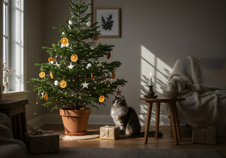 Cute cat sitting near Christmas tree in living room. Interior designの素材