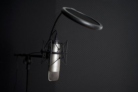 Closeup microphone on a stand in front of black soundproof wall in professional recording studio.の写真素材