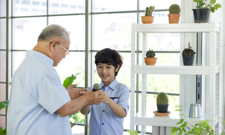 The retired grandfather spent the holidays with his grandson taking care of the indoor garden. He is...