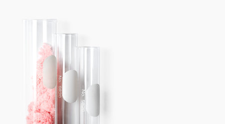 Pink flake chemical in test tube. Cosmetic chemical ingredient on laboratory table.