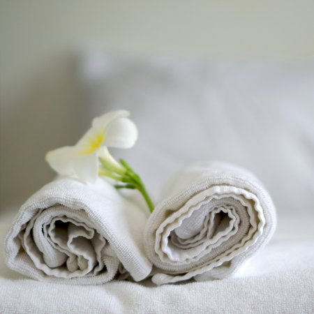 Two white towels with white flower on clean bed in hotel room with blurred background. Summer holiday and vacation concept.の写真素材