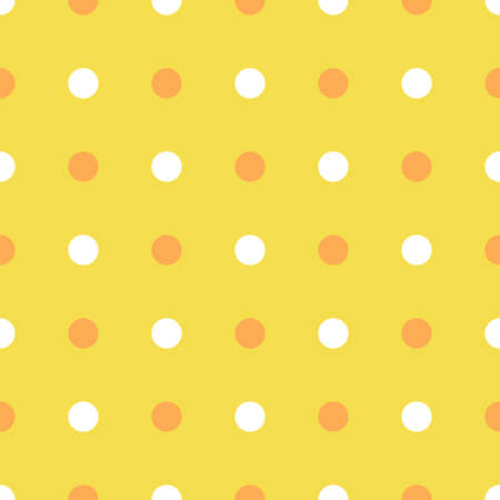 Polka Dot Pattern, Marigold Orange and White Color on Illuminating Yellow Background. Seamless Background for graphic design, fabric, textile, fashion. Color Trend 2021 spring, summerの写真素材