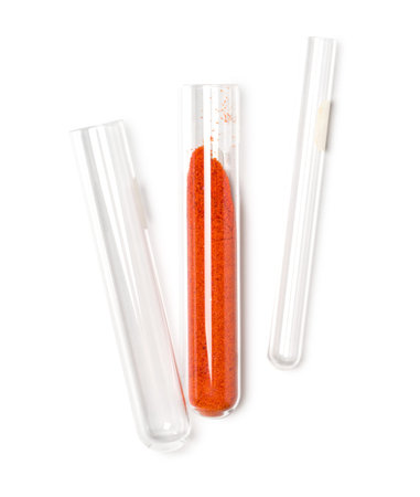 Potassium Ferricyanide in test tube. Closeup chemical ingredient on white laboratory table.