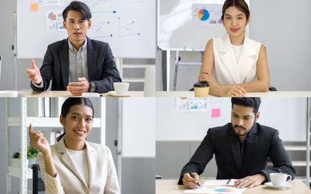 Head shot participants videoconference on-line meeting. Young asian partners negotiating use...