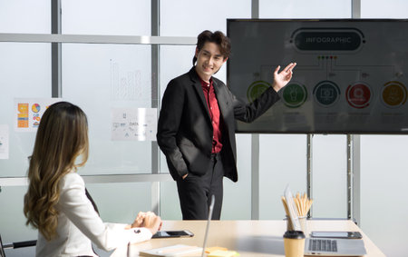 Young asian businessman in suit giving presentation with large digital monitor. Business executives...