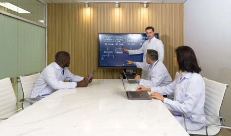 Director of various departments in the hospital attend the annual meeting. The meeting leader use a...
