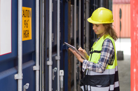 Young caucasian woman with safety vest and yellow hardhat checking shipping schedule on tablet...