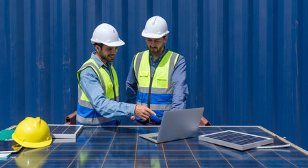 Shipment worker pointing at  shipping schedule on laptop computer, explain to colleague  about planning for next shipment. They use solar cell panel as a table. A large container is in the backgroundの写真素材
