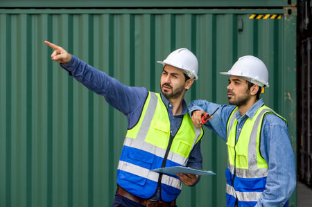 Young shipment worker pointing at container storage location while holding clipboard, explain to...