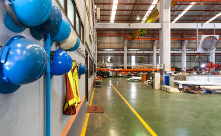 Atmosphere in metal sheet factory.  Construction hardhat and Safety vest for supervisors and employees hang in front of the factory office shop for safety. Concept of work safety. Building industry.の写真素材