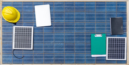 A collection of solar panels - a symbol of renewable energy, is displayed prominently. With their shiny, modular, photo-voltaic cells, they reflect a promise of clean, sustainable power generation.の写真素材