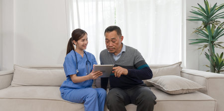 Warm Bonds of Care: A diligent nurse assisting an elderly man navigate technology on a tablet while...