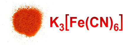 Potassium Ferricyanide with chemical formula, chemical ingredient on white laboratory table.
