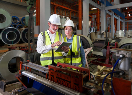 Two worker standing amidst the humming machinery of a bustling factory. Discover the essence of...