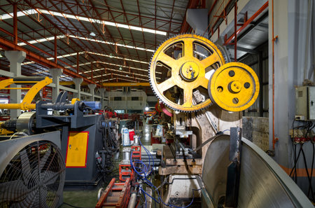 Industrial machinery operates with precision amidst the humming sounds of a bustling factory.の写真素材