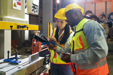 Two individuals are busily engaged with operating a large machine within a bustling factory setting.