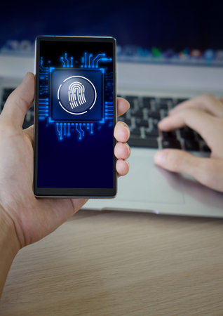 Futuristic digital processing of biometric identification fingerprint scanner on smartphone. Man...