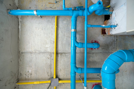 The water pipe system, wastewater pipes and electrical wiring are neatly installed under the ceiling.の写真素材