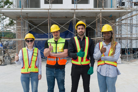 Group of construction workers raise finger thumb up with a smile while standing together in front of...