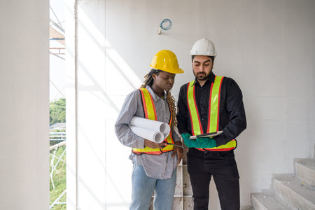 Two construction workers checking work schedule on tablet computer. Wear hardhat and safety vest,...