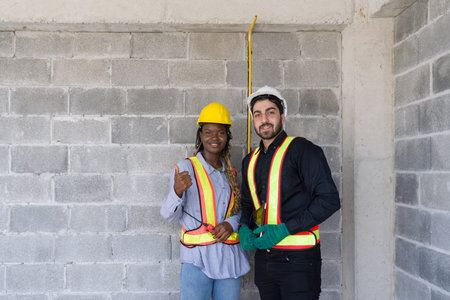 Portrait of two construction workers stand smiling in front of a grey brick wall with safety gear....