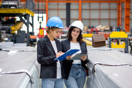 Two women with safety helmet and black suit standing in a factory, holding a clipboard and tablet computer, used for taking note, checking schedule, reviewing digital document, or communication.の写真素材