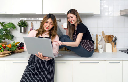 Two women with a striped apron reading or interacting with laptop computer screen in a modern kitchen. Cooking utensil and an assortment of decorated fruit and vegetable are on the countertop.の写真素材