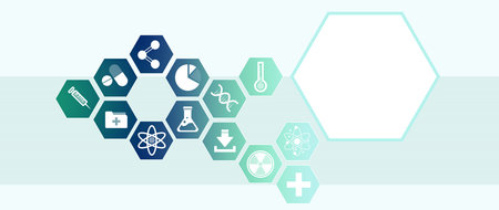 Geometric polygon shapes on contrast green background with flat icon symbols of medical and science....