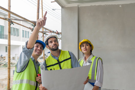 Young engineer in a construction helmet and safety vest explaining to foreman about the project that...