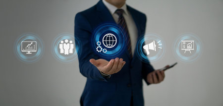 Businessman in suit and smartphone show the sign and icon of Digital marketing internet advertising...