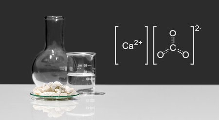 Calcium carbonate chip in chemical watch glass with molecular structure place next to beaker and Flat Bottom Flask on white laboratory table. Side viewの写真素材