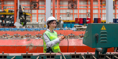 A woman in hardhat and safety vest operates industrial equipment inside a busy factory setting,...