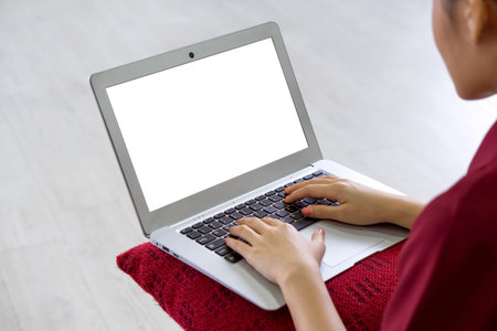 Back view of businesswoman in red dress working at home. Laptop computer and cushion are on her lap.