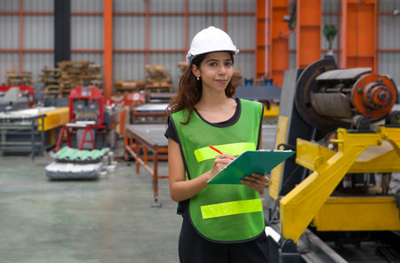 A woman wearing a safety vest and hardhat stand in a factory. She holds a clipboard and looks...