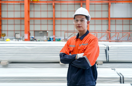 A worker in an orange jacket, hardhat, protective glove and safety glass stand confidently with arm crossed in front of a pile of material covered in plastic on the floor.の写真素材