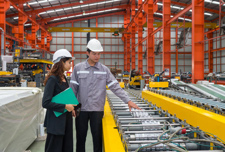 Two worker with safety helmet and black suit standing in a factory, holding clipboard, used for taking note, check schedule and
 review document.の写真素材