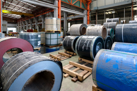Steel coils stacked in a warehouse, ready for industrial use and distribution.