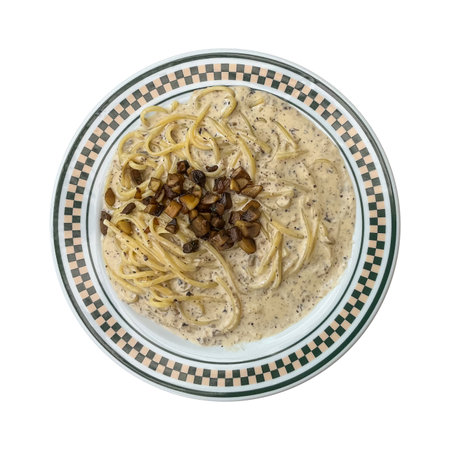 Spaghetti mushroom cream sauce. Pasta plate menu in american diner restaurant.の写真素材